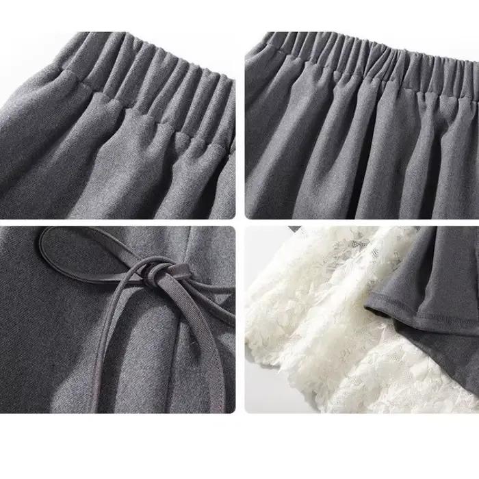 Mori Girl Style Vintage gris dentelle nœud Tweed Maxi jupe automne hiver mode Simple taille haute a-ligne volants