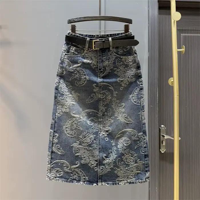 Jupe en jean taille haute en Jacquard rétro pour femmes