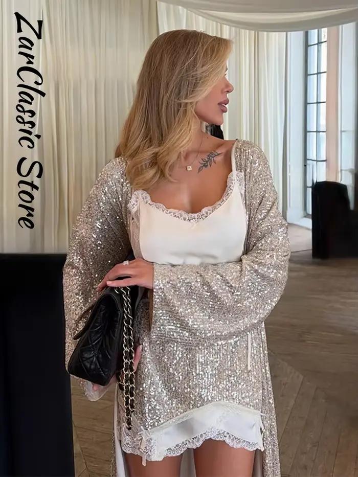 Ensemble jupe mini à sequins sexy et haut à bretelles sans manches en dentelle