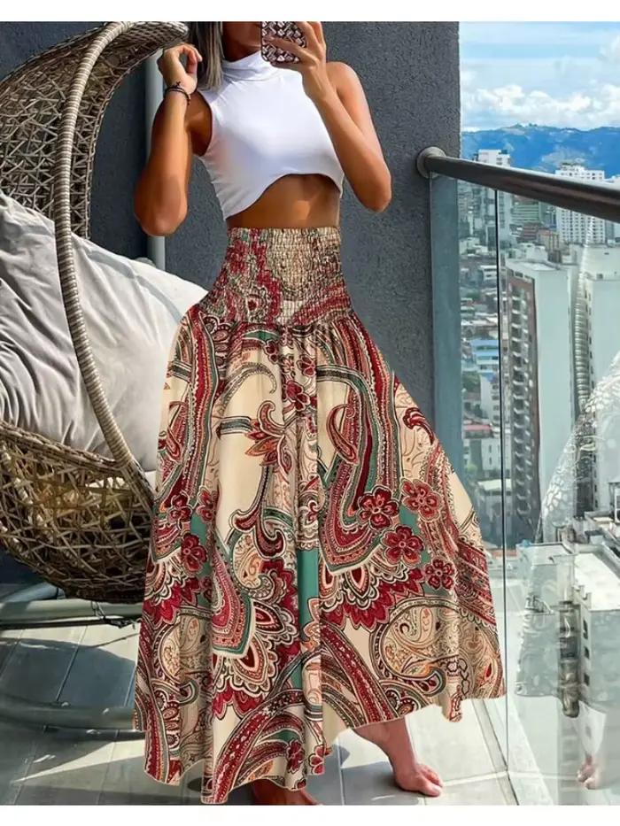 Grande taille femmes mode imprimé fleuri plis bohème élastique