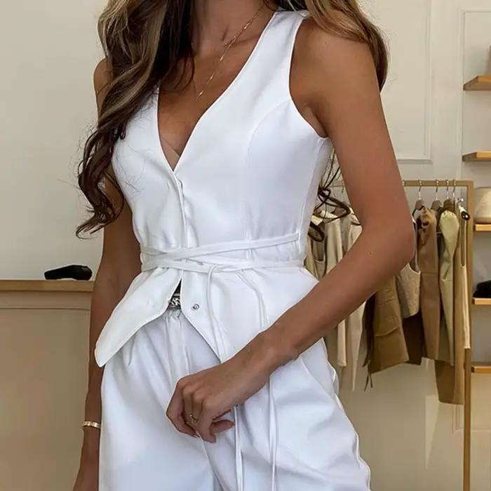 Femmes gilet court Sexy col en V sans manches poches