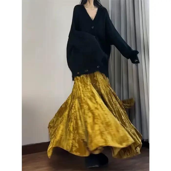 MEXZT Vintage velours jupe longue femmes élégant imprimé noir Maxi jupes hiver Harajuku coréen élastique taille haute une ligne Faldas