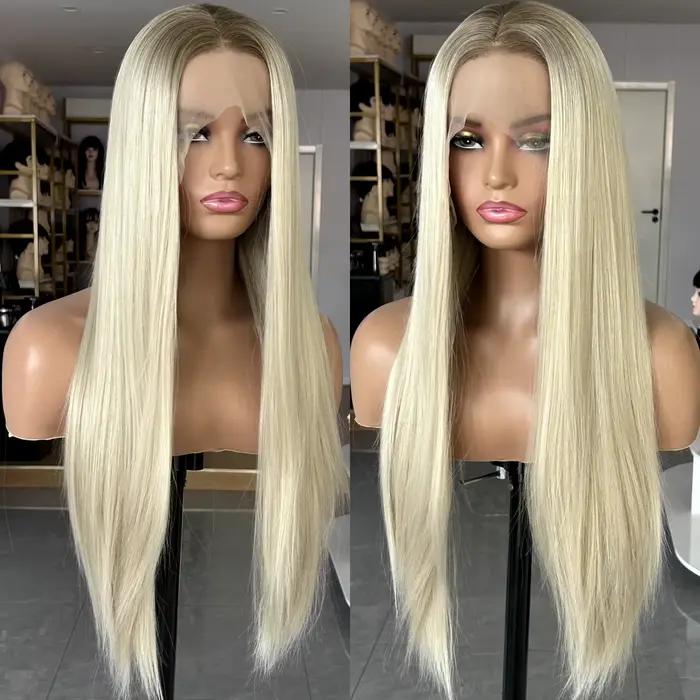 Perruque synthétique lisse longue blonde ombrée pour femmes, perruque en Fiber résistante à la chaleur avec raie centrale, couleur blond cendré, pour fête quotidienne