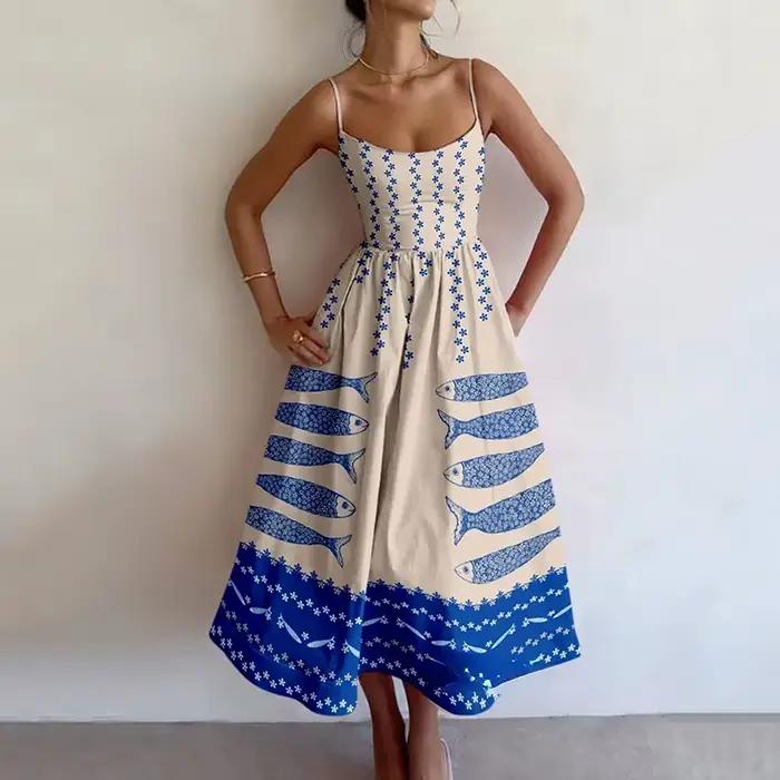 Robes longues élégantes pour femmes, nouvelle tendance d'été, col carré, épaules dénudées, sans manches, longueur au dos, robe imprimée