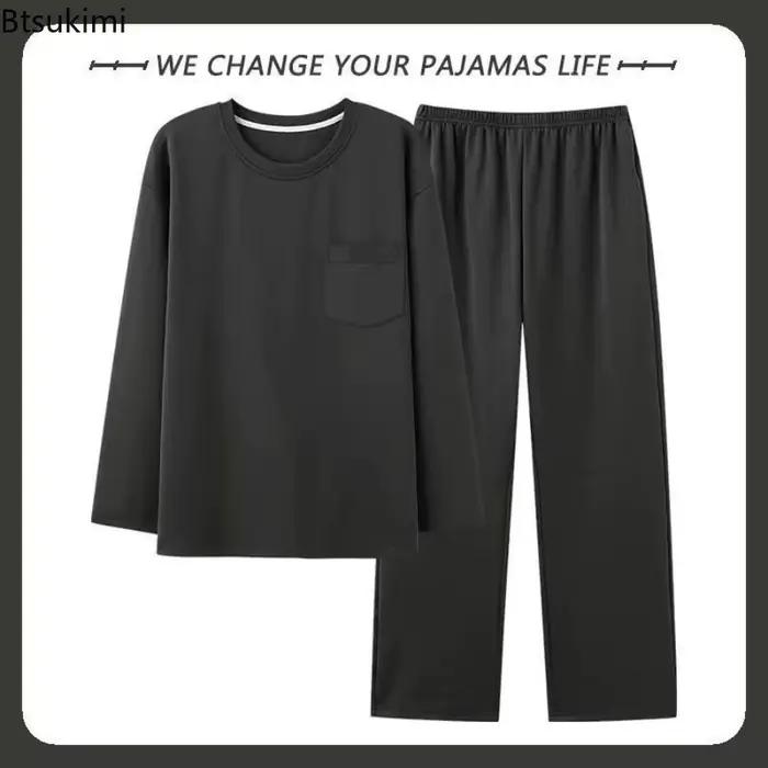 Nouvel ensemble pyjama homme 2026 – Haut à manches longues et pantalon, doux, confortable, uni, décontracté, deux pièces, pour la maison et le sommeil