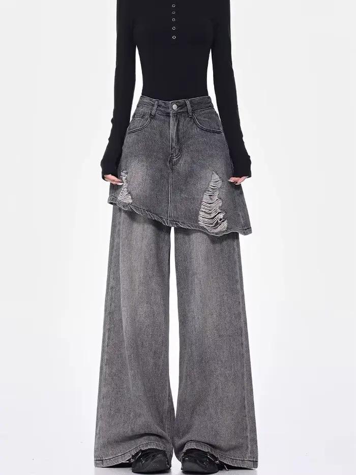 Jupe-culotte intégrée effet deux-pièces en jean pour femme