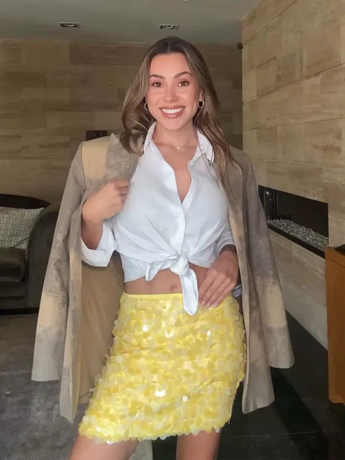 Jupe élégante et sexy jaune paillettes pour femmes mini haute taille Saint Valentin soirée club occassions spéciales