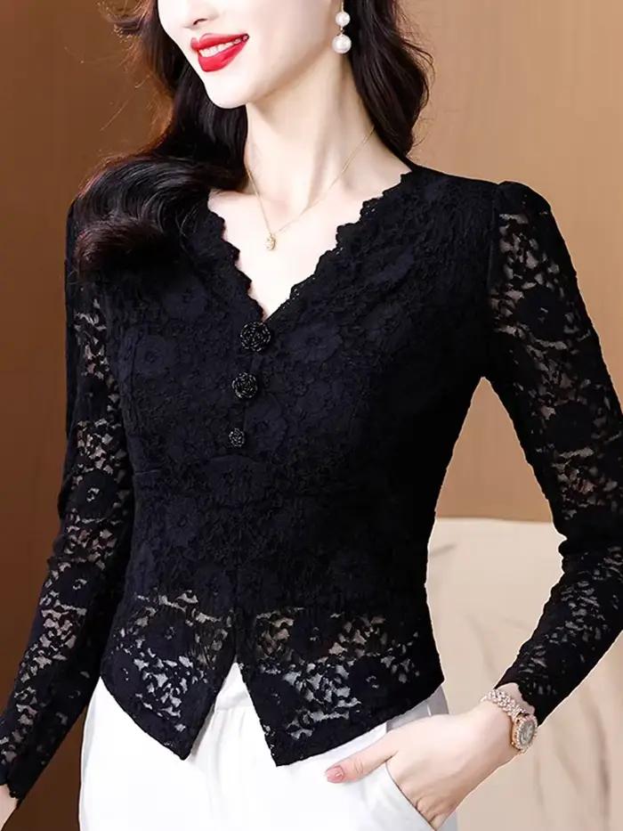 T-shirt à manches longues en dentelle noire commandée pour femmes