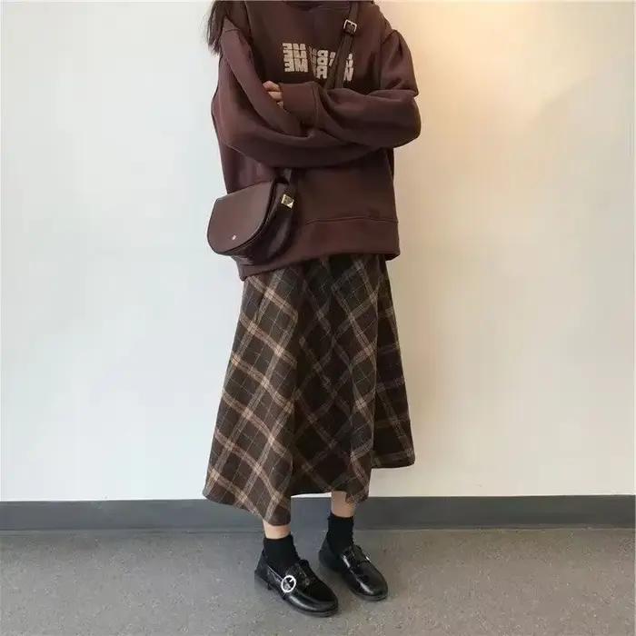 Lucyever-Jupes à carreaux en laine vintage pour femmes