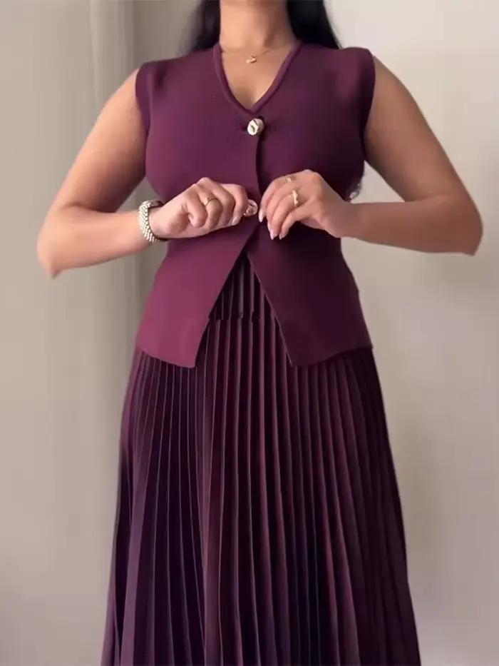 Femmes tricoté jupe ensemble vin rouge col en v sans manches Sllim gilet solide taille haute