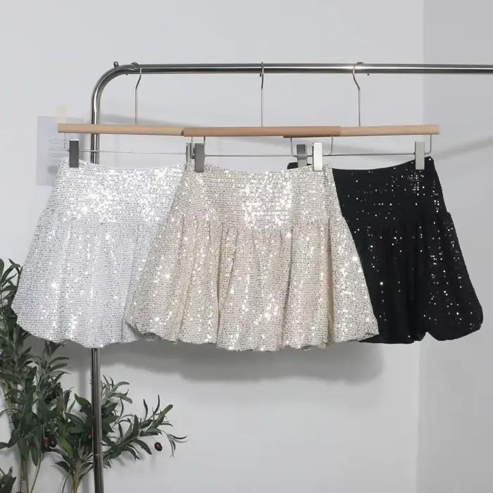 Nouvelle jupe courte trapèze à sequins pour femme, été 2026, sexy, élégante et amincissante