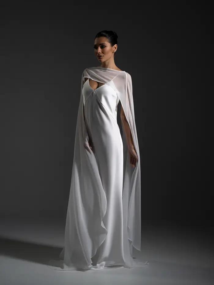 Robes de soirée de mariage en satin blanc avec cape transparente, décolleté en V profond, en taffetas, coupe trapèze, longue, sans manches, pour mariée