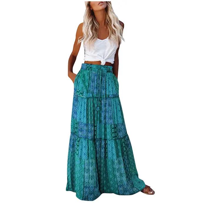 Jupe plissée taille haute à imprimé fleuri bohème pour femmes