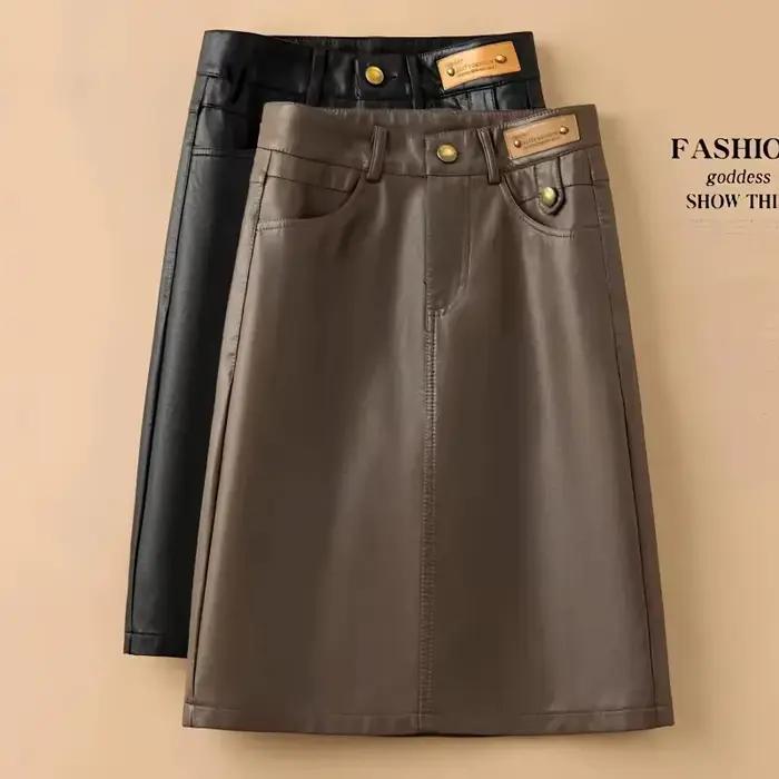Printemps automne hiver jupe en cuir femmes nouvelle mode noir marron taille haute PU a-ligne jupes grande