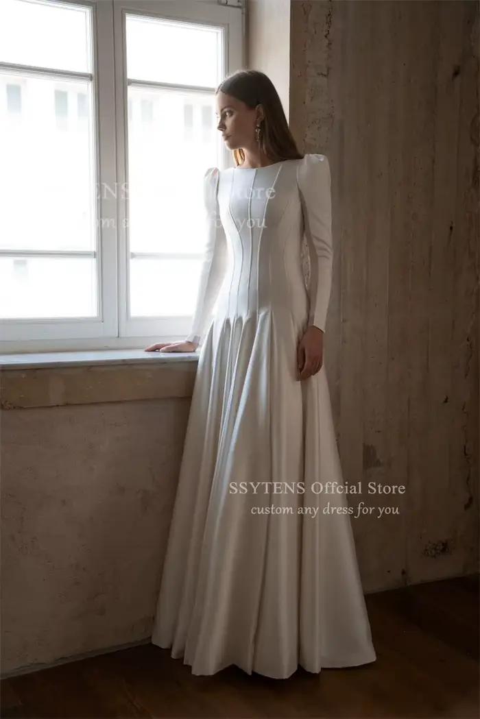 SSYTENS Chic blanc Satin robes de mariée manches longues