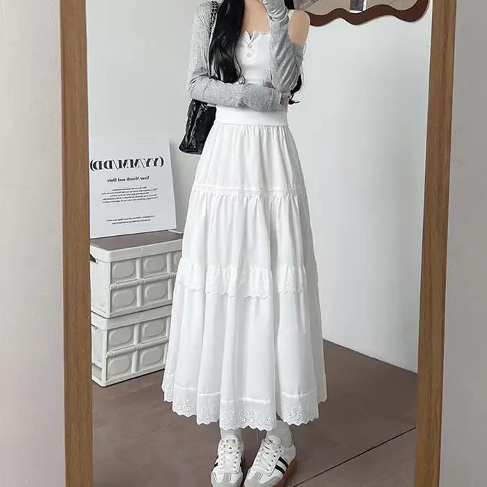 Jupe plissée en dentelle blanche coréenne pour femmes, taille haute, Patchwork de gâteau, jupes longues, Chic, ample, ligne A, été, 2025