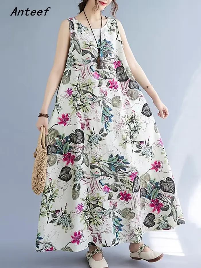 Robe longue décontractée maxi sans manches en coton et lin