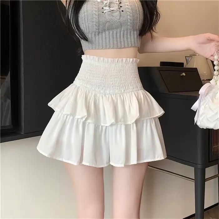 Printemps gâteau jupes plissées pour les femmes blanc nouvelle jupe courte été coréen à volants taille élastique