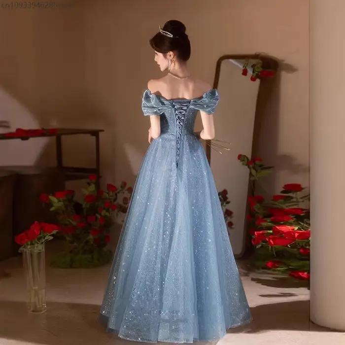 Robe de soirée de mariage bleue élégante, épaules dénudées, pour femmes, bal de Performance, luxueuse jupe longue trapèze de Style princesse