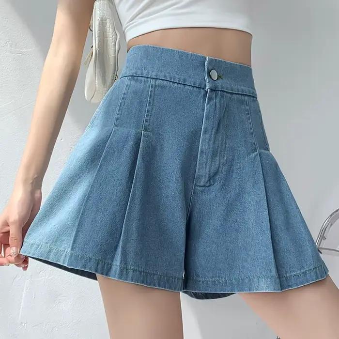 Short denim ample ISUREYOUNG pour femmes, style doux, bleu ciel ou profond, taille haute, plissé, ajusté, pour été, plage, soirées, polyvalent