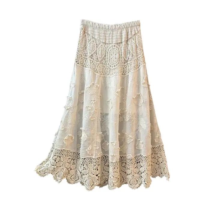 Jupe midi trapèze élégante en dentelle brodée lourde pour femme, collection Printemps 2026, taille haute, coupe ample, style féerique, en tissu de coton