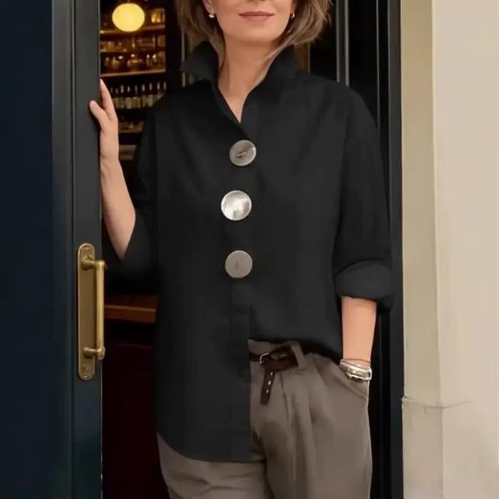Chemise pour femme à col revers, manches longues, coupe ample, boutons métalliques, couleur unie, pour le travail, les fêtes et les occasions décontractées