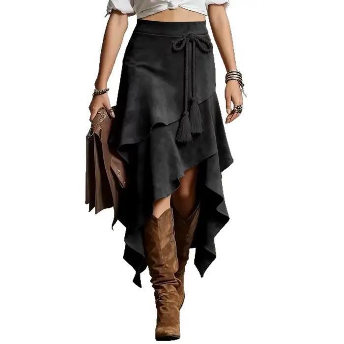 Jupe longue asymétrique vintage en daim pour femme