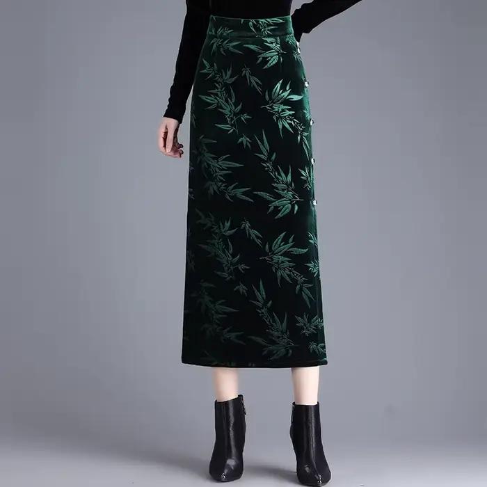 ZUZK velours imprimé jupe moulante élastique taille haute coupe droite mi-longue fente femmes automne hiver nouvelle