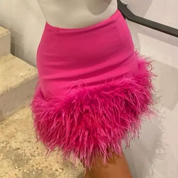 Nouveau en rose jupes trapèze pour femmes taille haute froncé moulante Mini jupe plume ourlet fête Club