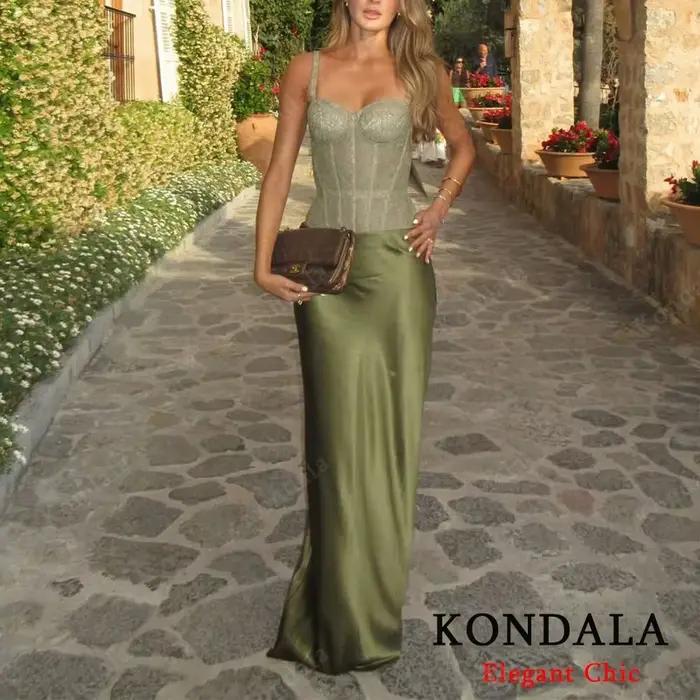 KONDALA Vintage Chic vert jaune Satin jupes taille élastique