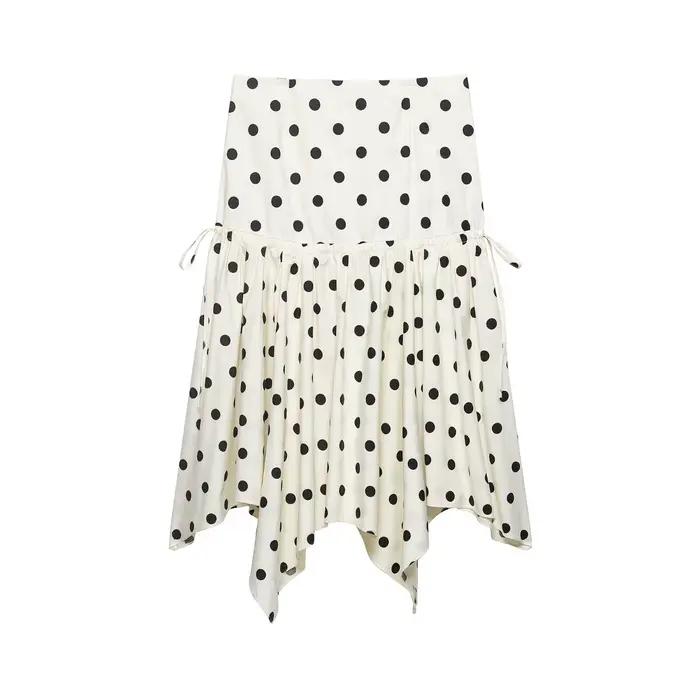 Jupe mi-longue décontractée pour femme, style vintage à pois, ourlet asymétrique, taille haute, cordon de serrage, fluide, blanc et noir, streetwear