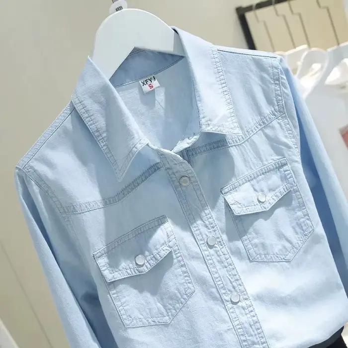 Chemise en jean lavé à manches longues en coton pour femme – Nouvelle collection printemps-automne – Haut polyvalent et ajusté – Vêtement décontracté fin style cowboy