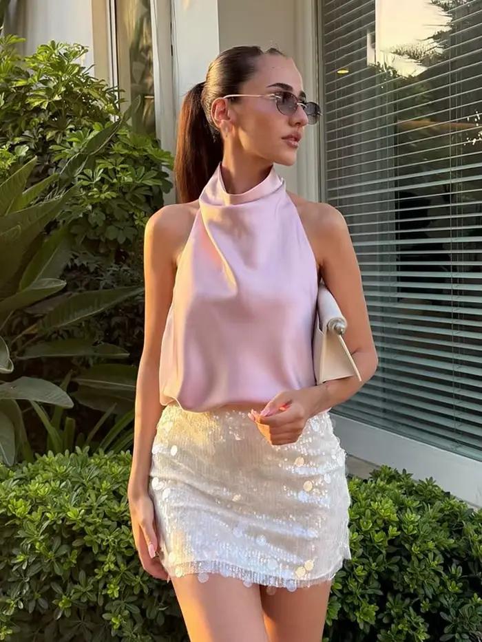 HH femmes été nouvelle mode taille haute mince solide paillettes Mini jupe femme Sexy hanche côté fermeture éclair Punk