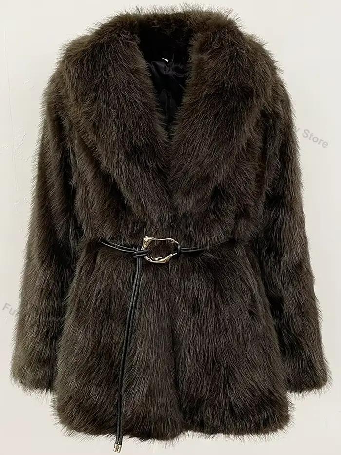 Manteau en fausse fourrure écologique pour femme, nouveau modèle chaud, avec ceinture, noir, veste moelleuse, vêtement d'extérieur en fausse fourrure, collection printemps