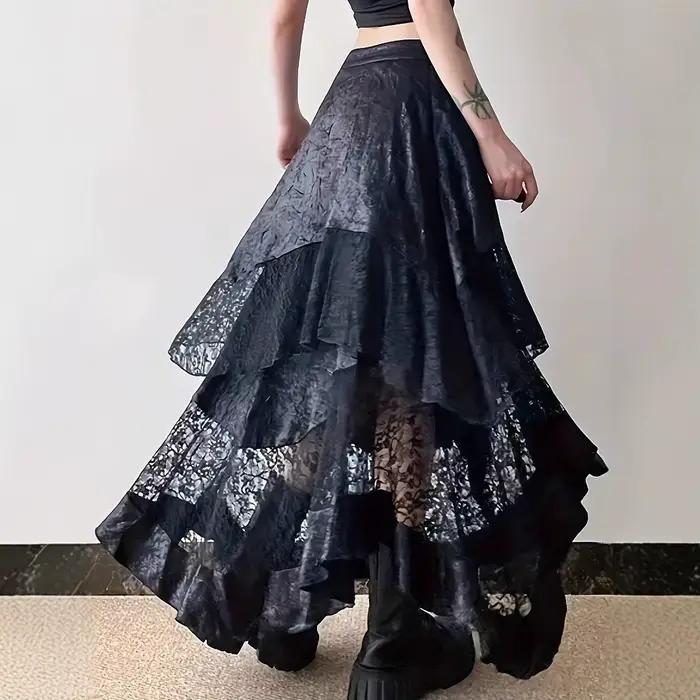 Jupe mi-longue gothique Vintage noire, esthétique Y2k, dentelle irrégulière, Style français, élégante, décontractée, Design Chic pour femme
