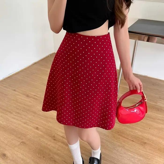 Jupe rouge chic élégante coréenne pour femmes été soirée polyestère empire cut loose fit