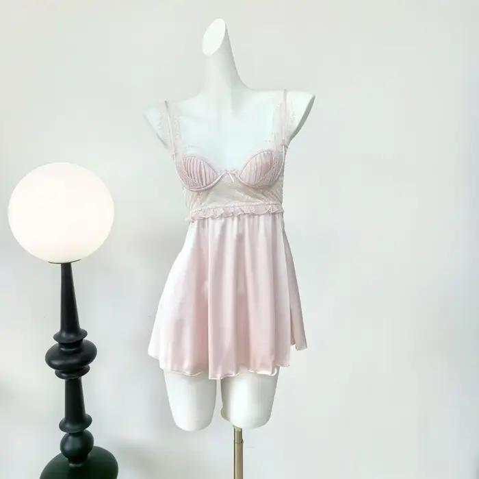 INJNIGHTOWNIGHTS-Chemise de nuit sexy pour femmes, lingerie française avec coussretours de poitrine, pyjama à bretelles, vêtements de détente pour dames, nouvelle collection