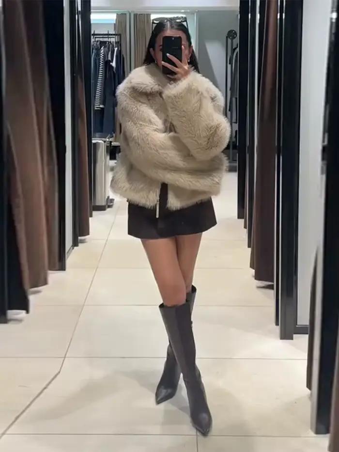 Chic Double face fourrure veste femme revers couleur unie fermeture éclair manches longues manteau droit décontracté polyvalent femmes nouvelles vestes chaudes