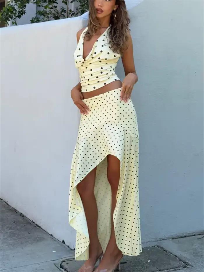 Ensemble jupe à pois deux pièces pour femme : haut sans manches à col en V et mini-jupe taille haute – Tenue sexy et
