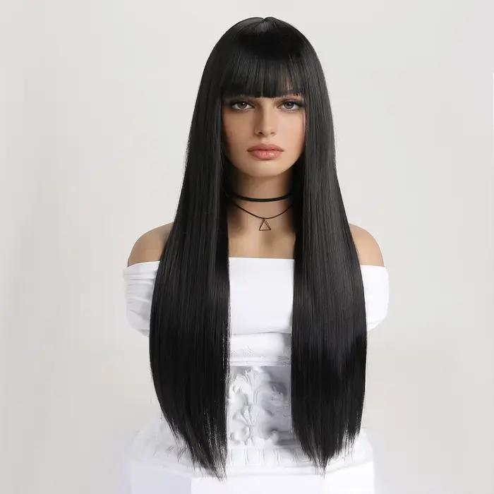 Nouvelle perruque noire longue et droite en fibre synthétique pour femmes, perruque tendance pour tous les jours, Halloween, fête costumée, cosplay
