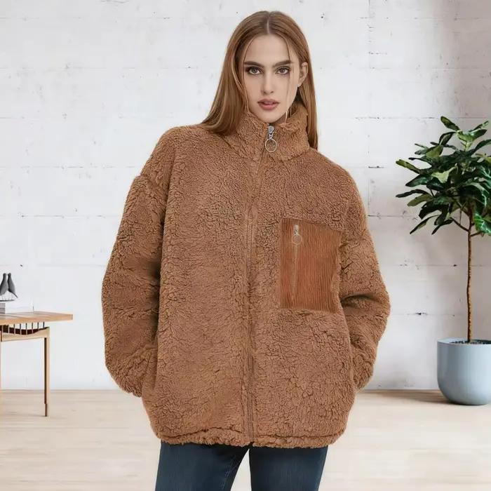 Veste polaire à manches longues pour femme, manteaux Sherpa zippés, coupe ample, vêtements d'extérieur flou avec poches, automne et hiver