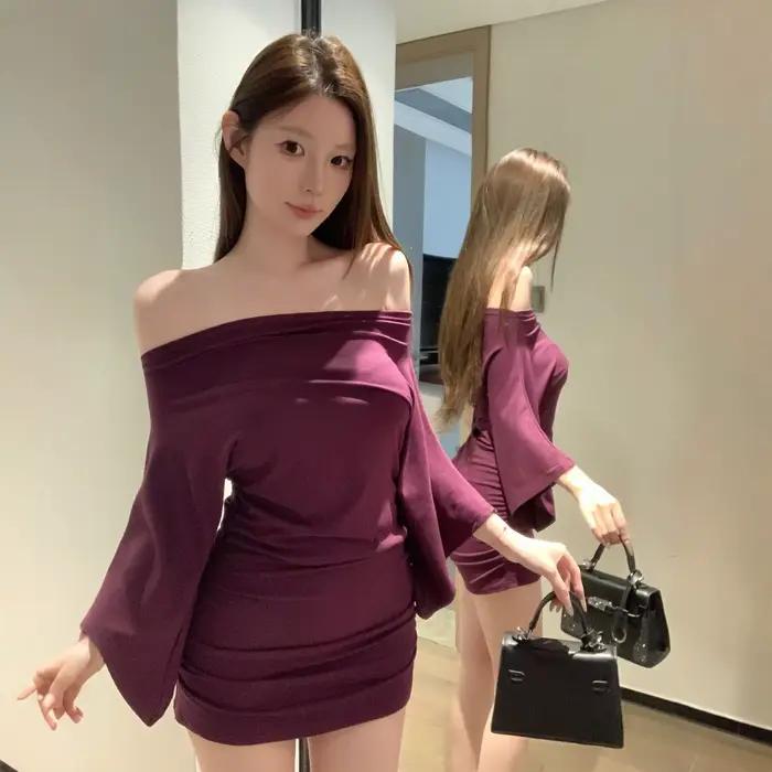 Robe Courte Sexy Asymétrique à Manches Longues pour Femme