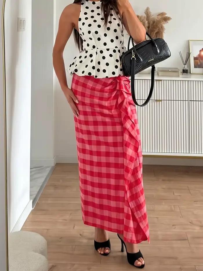 Jupe midi élégante HH en tissu écossais rouge pour femme