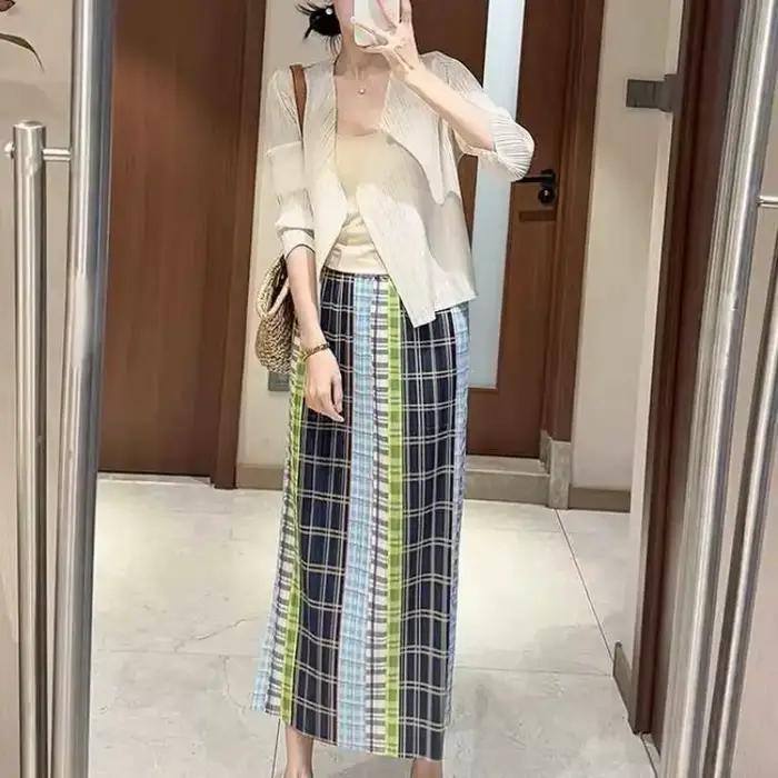 Jupe midi plissée à carreaux colorés pour femme, taille haute, fente latérale, jupe décontractée