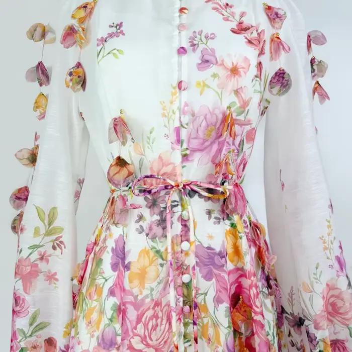 Robe longue élégante style urbain avec manches lanternes, col montant à bouton unique, imprimé floral, sensation haut de gamme pour femmes