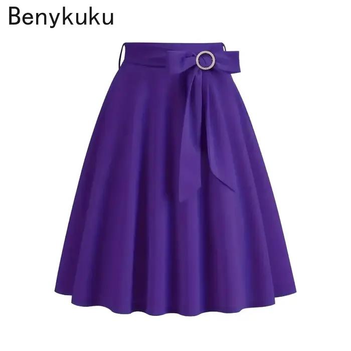 Femmes Bow Front A-Line solide rouge noir Jupe années 1950 Vintage femme vêtements 2025 été taille haute