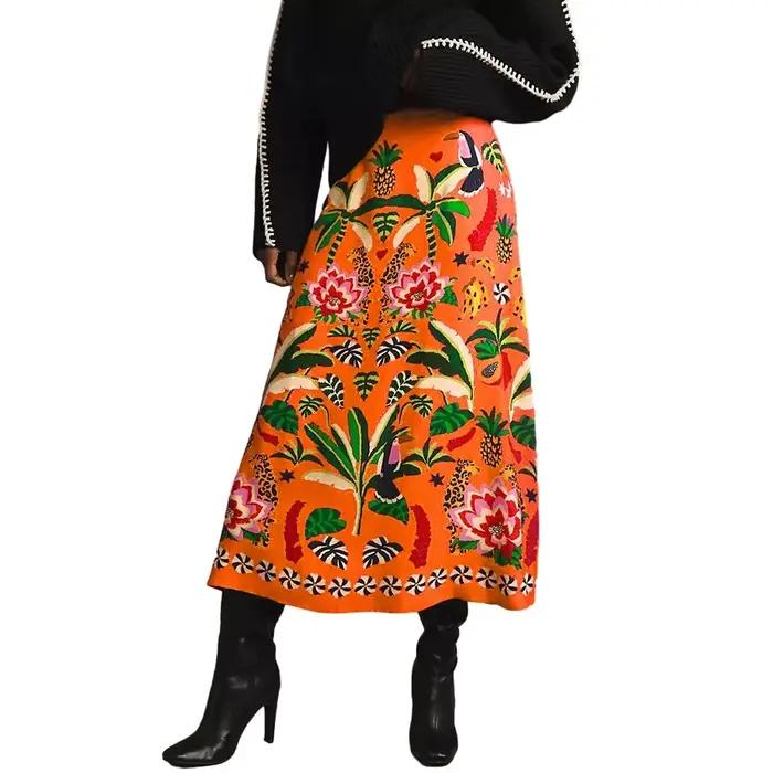 Mode Vintage plante tropicale imprimé jupe femmes printemps été nouvelle couleur a-ligne jupes frais doux dame vêtements de transport