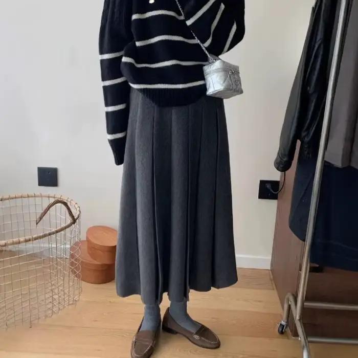 Jupe en laine grise femme Vintage plissée a-ligne automne hiver pull parapluie