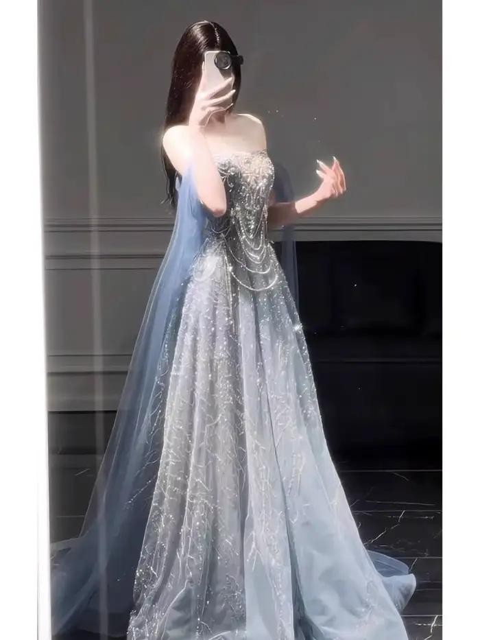 Robe de soirée bleue pour femmes, haut de gamme, sens du Style, robe de passage d'âge haut de gamme, légère, luxe, réunion annuelle, examen d'art, nouvelle collection 2025