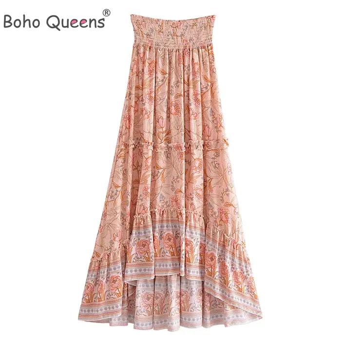 Jupe de plage vintage pour femmes, style bohème, imprimé floral paon, taille haute élastique, maxi, ligne A
